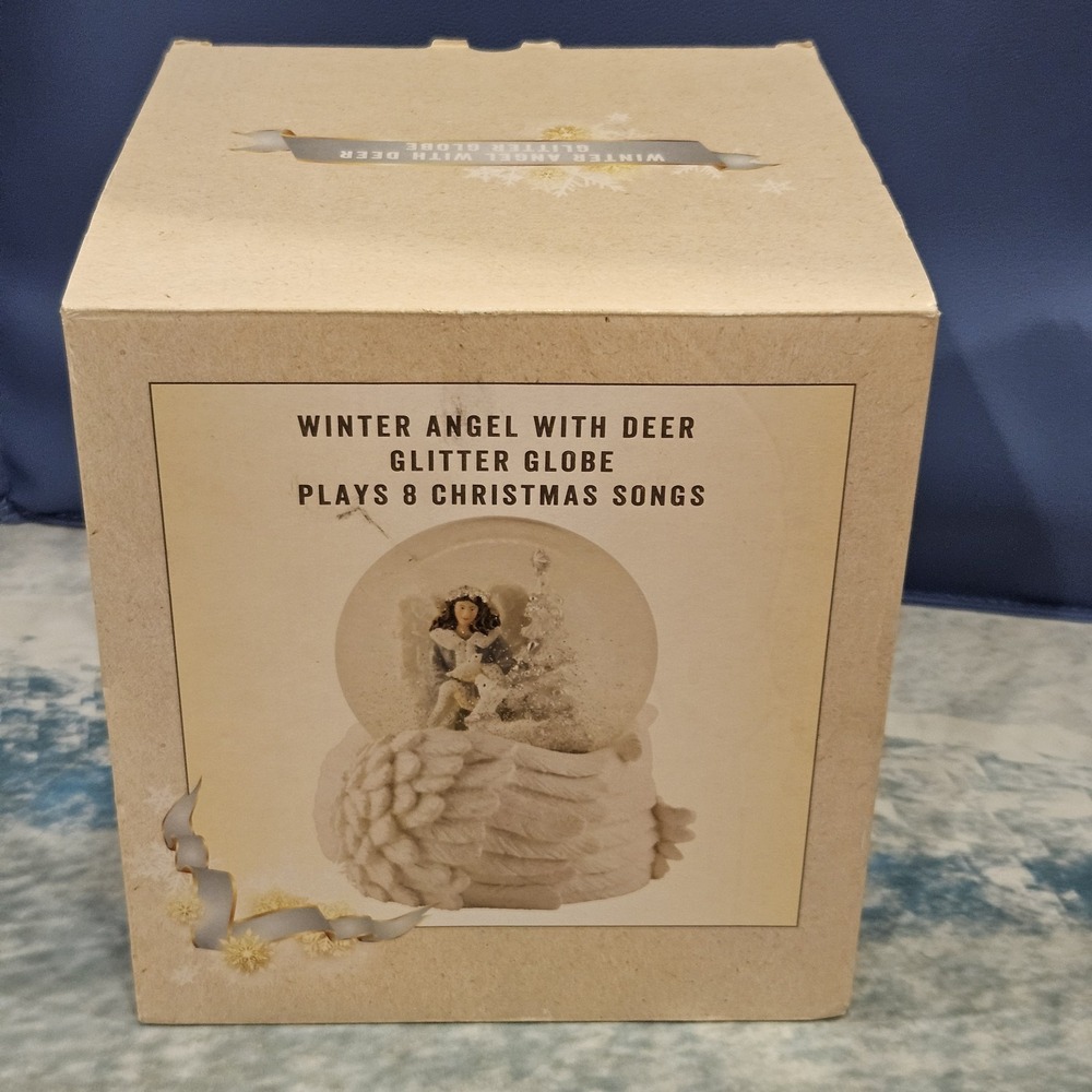 Winter Angel With Deer Glitter Globe Plays 8 Christmas Songs Holiday Decor NOS‎
